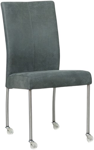 Leren eetkamerstoel Comfort - met wieltjes en zonder armleuning - Kenia Leer Denim - Poot - Rond - RVS - Skate wiel transparant