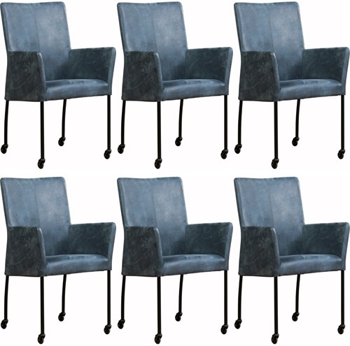 Leren eetkamerstoel Comfort - met wieltjes en armleuning - set van 6 stoelen - Toledo Leer Natur - Vorm poot vierkant Kleur poot, zwart - Skate wiel zwart