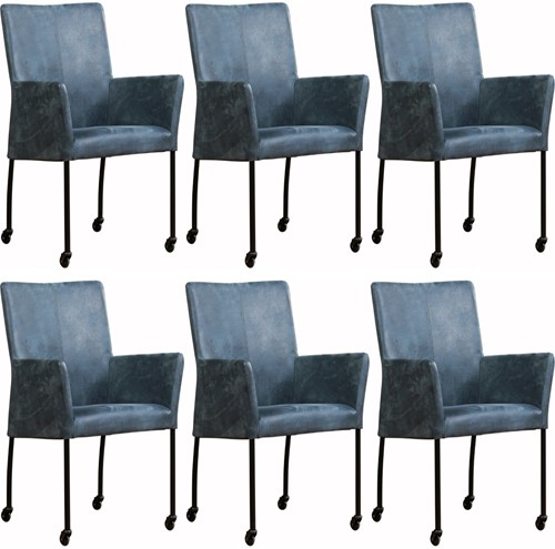 Leren eetkamerstoel Comfort - met wieltjes en armleuning - set van 6 stoelen