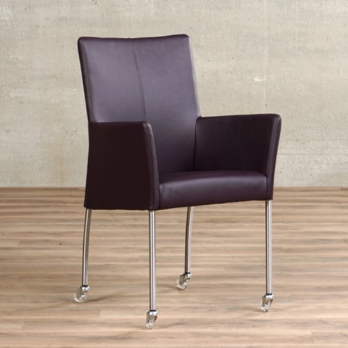 leren eetkamerstoel comfort met wieltjes en armleuning toledo leer merlin poot rond rvs skate wiel transparant shopx