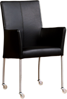 Leren eetkamerstoel Comfort - met wieltjes en armleuning - Hermes Leer Nero - Poot - Rond - RVS - Skate wiel transparant