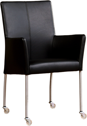 Leren eetkamerstoel Comfort - met wieltjes en armleuning - Toledo Leer Nero - Poot - Rond - RVS - Skate wiel transparant