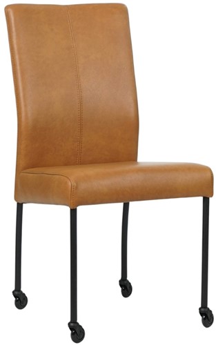 Leren eetkamerstoel Comfort - met wieltjes en zonder armleuning - Granada leer Sahara - Poot - Rond - Zwart - Skate wiel zwart