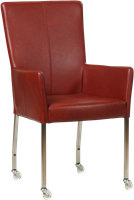 Leren eetkamerstoel Deal - met wieltjes en armleuning - Granada Rouge (rood) - Vorm poot vierkant - Kleur poot, RVS - Skate wiel transparant