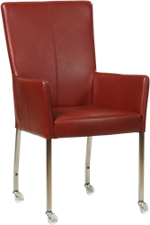 Leren eetkamerstoel Deal - met wieltjes en armleuning - Granada Rouge (rood) - Vorm poot vierkant - Kleur poot, RVS - Skate wiel transparant