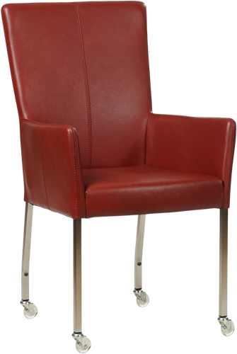 Leren eetkamerstoel Deal - met wieltjes en armleuning - Granada Rouge (rood) - Vorm poot vierkant - Kleur poot, RVS - Skate wiel transparant