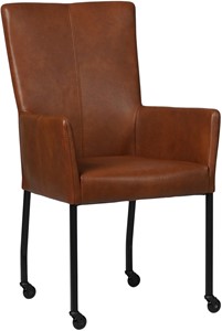 Cognac leren moderne eetkamerstoel Deal - met armleuning poot vierkant zwart met wiel - Granada leer Savannah (cognac leer)