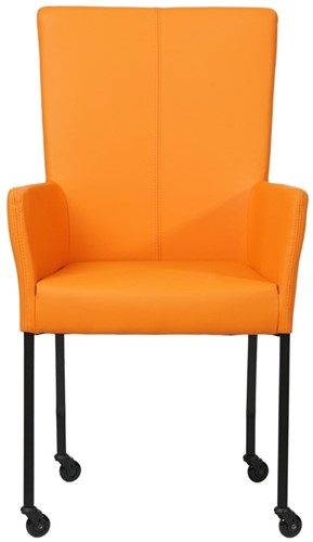 Leren eetkamerstoel Deal - met wieltjes en armleuning - Hermes Leer Arancio - Poot Zwart - Skate wiel zwart-2