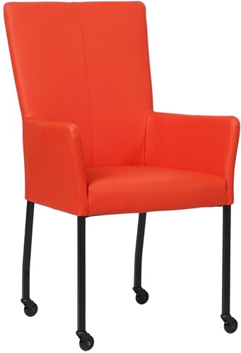 Leren eetkamerstoel Deal - met wieltjes en armleuning - Hermes Leer Lipstick - Poot Zwart - Skate wiel zwart