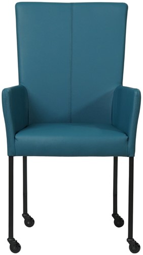 Leren eetkamerstoel Deal - met wieltjes en armleuning - Hermes Leer Turquoise - Poot Zwart - Skate wiel zwart-2