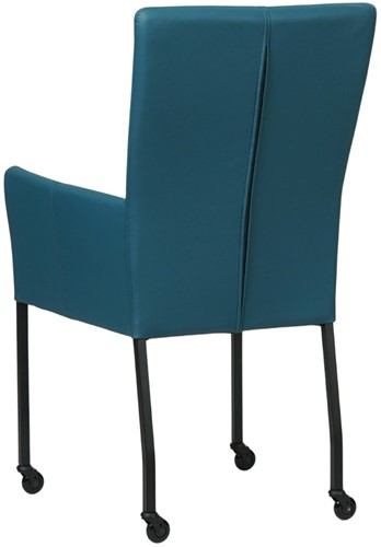 Leren eetkamerstoel Deal - met wieltjes en armleuning - Hermes Leer Turquoise - Poot Zwart - Skate wiel zwart-3