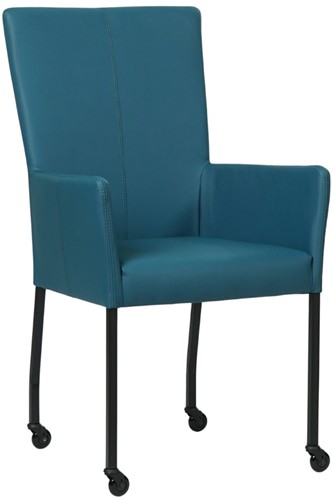 Leren eetkamerstoel Deal - met wieltjes en armleuning - Hermes Leer Turquoise - Poot Zwart - Skate wiel zwart