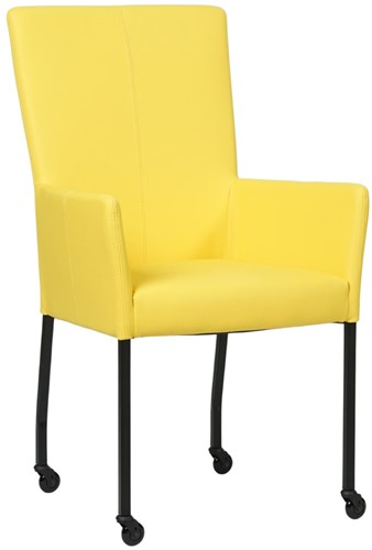 Leren eetkamerstoel Deal - met wieltjes en armleuning - Hermes Leer Yellow - Poot Zwart - Skate wiel zwart
