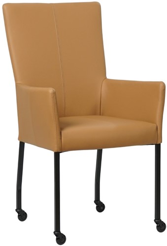 Leren eetkamerstoel Deal - met wieltjes en armleuning - Toledo Leer Camel - Poot Zwart - Skate wiel zwart