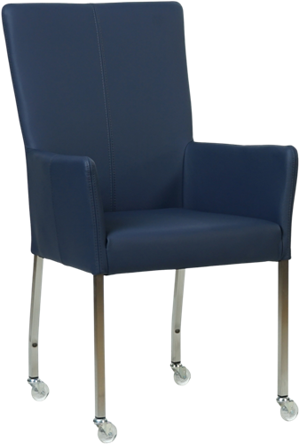 Leren eetkamerstoel Deal - met wieltjes en armleuning - Hermes Kobalt (blauw) - Vorm poot vierkant - Kleur poot, RVS - Skate wiel transparant