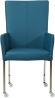 Leren eetkamerstoel Deal - met wieltjes en armleuning - Toledo Turquoise (blauw) - Vorm poot vierkant - Kleur poot, RVS - Skate wiel transparant-2