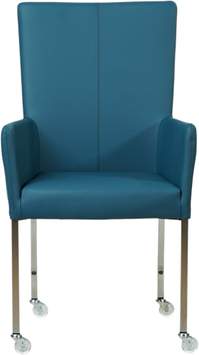 Leren eetkamerstoel Deal - met wieltjes en armleuning - Toledo Turquoise (blauw) - Vorm poot vierkant - Kleur poot, RVS - Skate wiel transparant-2