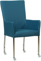 Leren eetkamerstoel Deal - met wieltjes en armleuning - Toledo Turquoise (blauw) - Vorm poot vierkant - Kleur poot, RVS - Skate wiel transparant