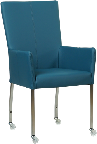 Leren eetkamerstoel Deal - met wieltjes en armleuning - Hermes Turquoise (blauw) - Vorm poot vierkant - Kleur poot, RVS - Skate wiel transparant