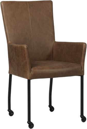 Leren eetkamerstoel Deal - met wieltjes en armleuning - Vintage Leer Brown - Poot Zwart - Skate wiel zwart