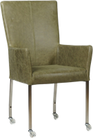 Leren eetkamerstoel Deal - met wieltjes en armleuning - Vintage Olive (olijf/groen) - Vorm poot vierkant - Kleur poot, RVS - Skate wiel transparant