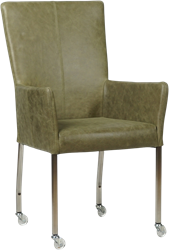 Leren eetkamerstoel Deal - met wieltjes en armleuning - Vintage Olive (olijf/groen) - Vorm poot vierkant - Kleur poot, RVS - Skate wiel transparant