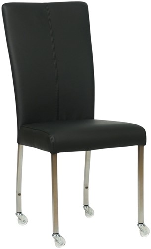 Leren eetkamerstoel Deal - met wieltjes - Hermes Leer Nero - Vierkant - RVS - Skate wiel transparant