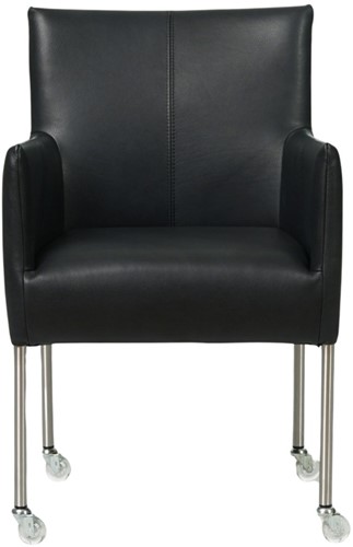 Leren eetkamerstoel Desire - met wieltjes en armleuning - Granada leer Black - Kleur poot, RVS - Skate wiel transparant-2