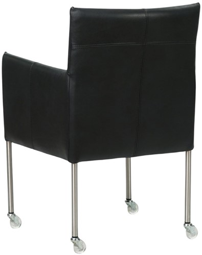 Leren eetkamerstoel Desire - met wieltjes en armleuning - Granada leer Black - Kleur poot, RVS - Skate wiel transparant-3