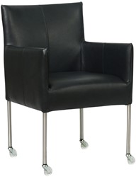 Leren eetkamerstoel Desire - met wieltjes en armleuning - Granada leer Black - Kleur poot, RVS - Skate wiel transparant