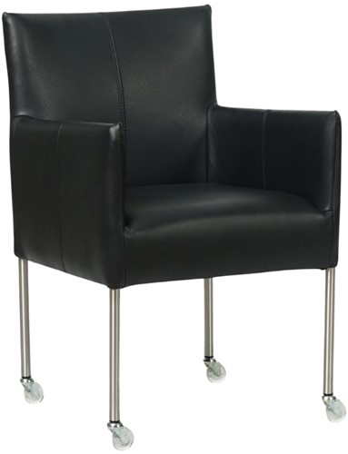 Leren eetkamerstoel Desire - met wieltjes en armleuning - Granada leer Black - Kleur poot, RVS - Skate wiel transparant