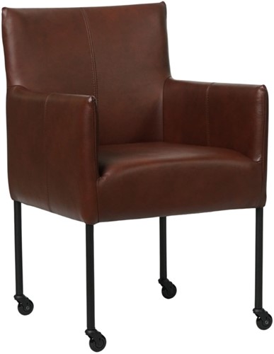 Leren eetkamerstoel Desire - met wieltjes en armleuning - Granada leer Cognac - Poot - Zwart - Skate wiel zwart