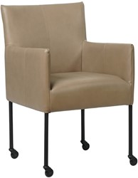 Leren eetkamerstoel Desire - met wieltjes en armleuning - Granada leer Taupe - Kleur poot, zwart - Skate wiel zwart