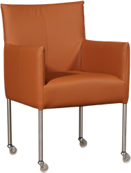 Leren eetkamerstoel Desire - met wieltjes en armleuning - Hermes Leer Cognac - Poot - RVS - Skate wiel transparant