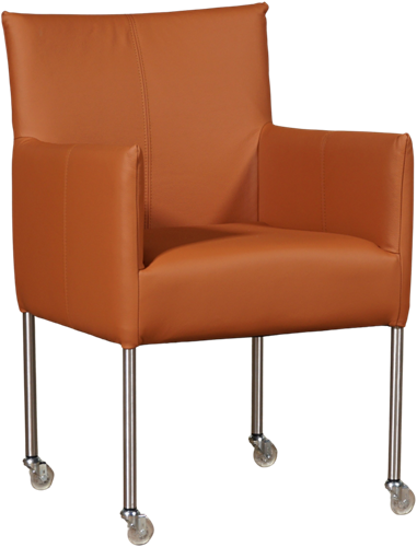 Leren eetkamerstoel Desire - met wieltjes en armleuning - Hermes Leer Cognac - Poot - RVS - Skate wiel transparant