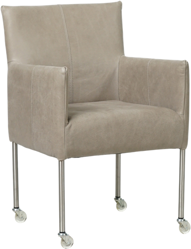 Leren eetkamerstoel Desire - met wieltjes en armleuning - Kenia Leer Lightgrey - Kleur poot, RVS - Skate wiel transparant