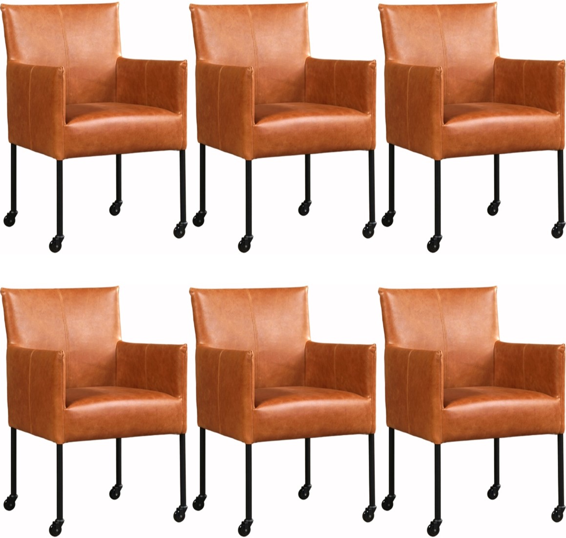 Thermisch De vreemdeling Kosmisch Leren eetkamerstoel Desire - met wieltjes - set van 6 stoelen - Hermes Leer  Cognac - Kleur poot, zwart - Skate wiel zwart ShopX