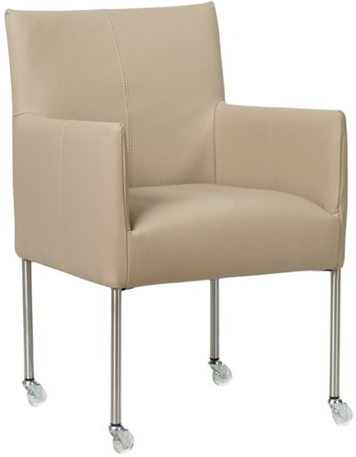 Leren eetkamerstoel Desire - met wieltjes en armleuning - Toledo Leer Mastic - Poot - RVS - Skate wiel transparant