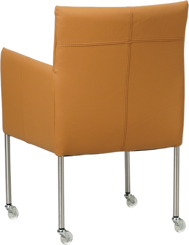 Leren eetkamerstoel Desire - met wieltjes en armleuning - Toledo Leer Sabbia - Poot - RVS - Skate wiel transparant-3