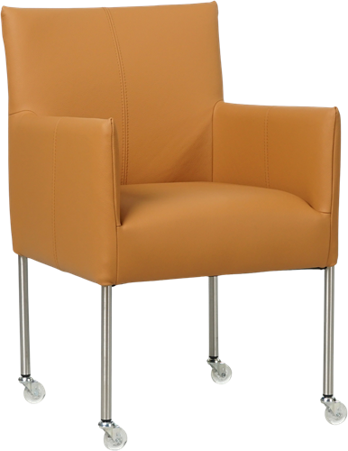 Leren eetkamerstoel Desire - met wieltjes en armleuning - Toledo Leer Sabbia - Poot - RVS - Skate wiel transparant
