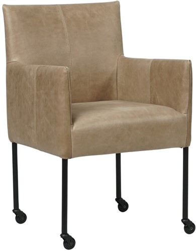 Leren eetkamerstoel Desire - met wieltjes en armleuning - Vintage Leer Taupe - Poot - Zwart - Skate wiel zwart