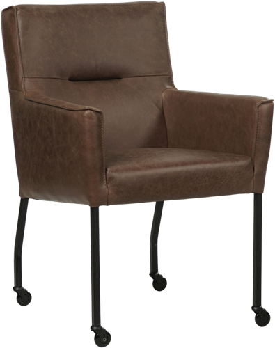 Leren eetkamerstoel Lucky - met wieltjes en armleuning - Vintage Leer Brown - Kleur poot, zwart - Skate wiel zwart