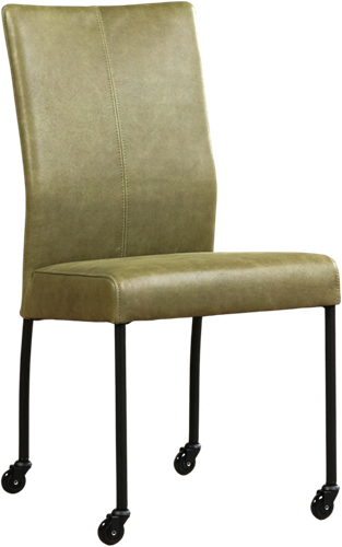 Leren eetkamerstoel Comfort - met wieltjes en zonder armleuning - Vintage Leer Olive - Poot - Rond - Zwart - Skate wiel zwart