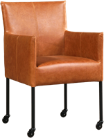 Leren eetkamerstoel Desire - met wieltjes en armleuning - Vintage Leer Cognac - Poot - Zwart - Skate wiel zwart