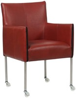 Leren eetkamerstoel More - met wieltjes en armleuning - Granada leer Rouge - Poot - RVS - Skate wiel transparant