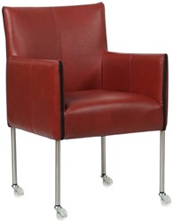 Leren eetkamerstoel More - met wieltjes en armleuning - Granada leer Rouge - Poot - RVS - Skate wiel transparant