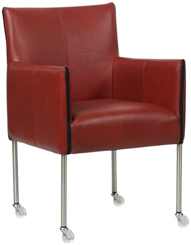 Leren eetkamerstoel More - met wieltjes en armleuning - Granada leer Rouge - Poot - RVS - Skate wiel transparant