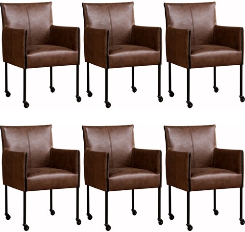 honderd Vooruit Uitstekend Leren eetkamerstoel More - met wieltjes - set van 6 stoelen - Granada leer  Cognac - Kleur poot, RVS - Skate wiel transparant ShopX