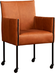 Leren eetkamerstoel More - met wieltjes en armleuning - Rancho Leer Cognac - Poot - Zwart - Skate wiel zwart