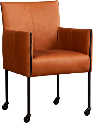 Leren eetkamerstoel More - met wieltjes en armleuning - Rancho Leer Cognac - Poot - Zwart - Skate wiel zwart